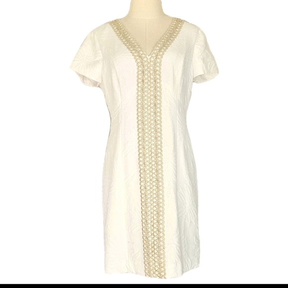Lilly Pulitzer White and Gold Arie Stretch Short Minimal Luxury Shift Dress SZ 8 - Picture 1 of 16
